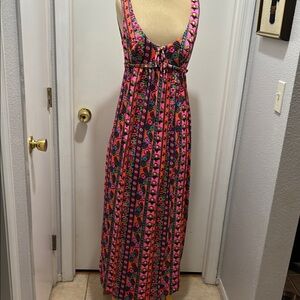 Vintage Pink, Red and Black Sleeveless Plunge Maxi Sundress see info